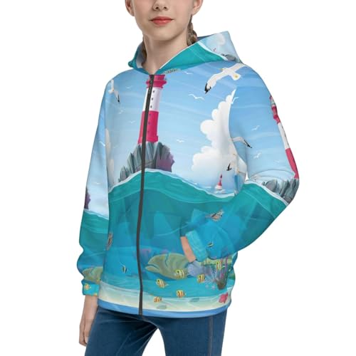 Lighthouse Sea Port Kids Pullover Hoodies Boys Zip Up Sweatshirts Girls Athletic Clothes with Pocket