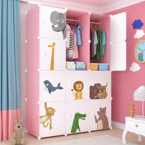 Image of EXVITO Kids Plastic Wardrobe - 12 Door Foldable Almirah for Clothes with Hanging Rod, Collapsible Wardrobe Cartoon Print Cupboard for Baby & Kids Room - KTM2