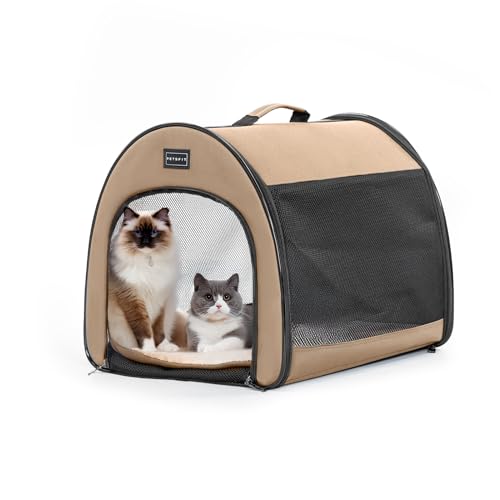 Petsfit Hundebox faltbar, tragbare & Atmungsaktive Hundebox für Zuhause mit Gewölbtem Design, Zimmerkennel Hund Hundeschlafbox mit Anti-Offener Reißverschluss und Plüschkissen,M, Khaki