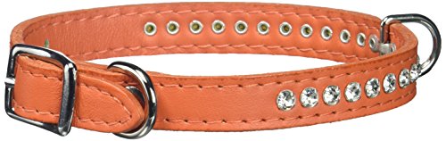 Image of Signature Leather Crystal Dog Collar, Orange Solid Grain Leather, Fits 9.5 inch-11.5 inch Neck Size, 14 inch Overall Length