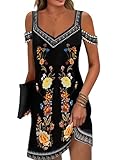 Soesdemo Womens Summer Boho Flower Printed Black Dress Cold Shoulder V Neck Floral Printed 2024 Fashion Sundress with Pockets