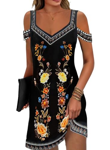 Soesdemo Womens Summer Boho Flower Printed Black Dress Cold Shoulder V Neck Floral Printed 2024 Fashion Sundress with Pockets
