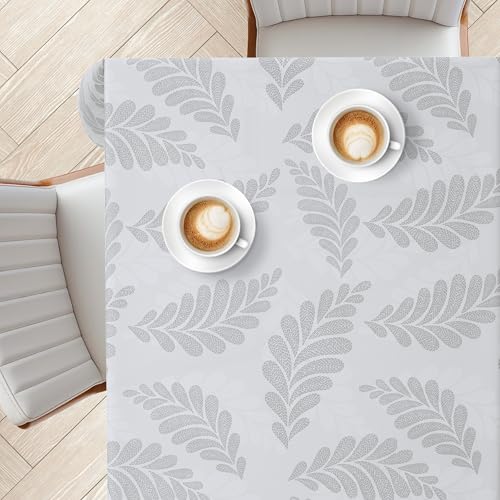 KP HOME Mantel Hule Mesa Rectangular Marfil 200x140cm – Mantel Antimanchas Plateado Limpiable con Tacto Suave y Efecto Lino, Cubierta de Mesa, PVC Tipo Hule Impermeable con Hojas de Helecho Guijarros