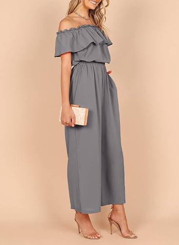 Dokotoo Womens Jumpsuits For Women Casual Off The Shoulder Short Ruffle Sleeves Stretchy Wide Leg Solid One Piece Long Pant Rompers Jumpsuit With Pockets Gray Medium #TOP2