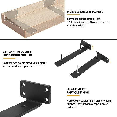 HITOMEN Heavy Duty Floating Shelf Brackets, 10-Inch (1/5'' Thick) Hidden Shelves Hardware, Iron L Brackets, Rustic Industrial Black Metal Wall Shelving Supports, 4 Pack by HITOMEN - Image 4