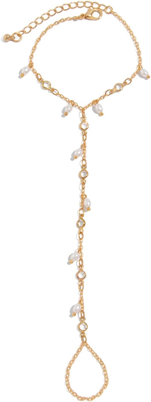 Simple Pearl Hand Chain with Ring Summer Beach Beads Finger Rings Bracelet Wedding Bridal Anklet Bracelet Hand Body Jewelry for Women - Image 5