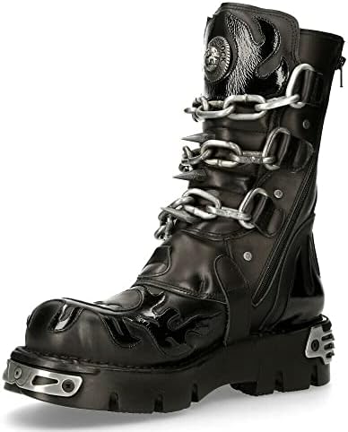 New Rock Men's 727-S1 Metallic Black Leather Spikes Gothic Mid Calf Punk Rock Boots