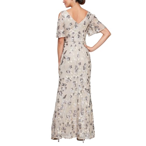 Image of Alex Evenings Women's Long Mother of The Bride Sequin Dress with Cold Shoulder Flutter Sleeves (Petite and Regular Sizes)