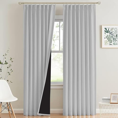 Image of 100% Blackout Double Pinch Pleat Curtains, Linen, Thermal Insulated, 2 Panels, Solid,(Silver)
