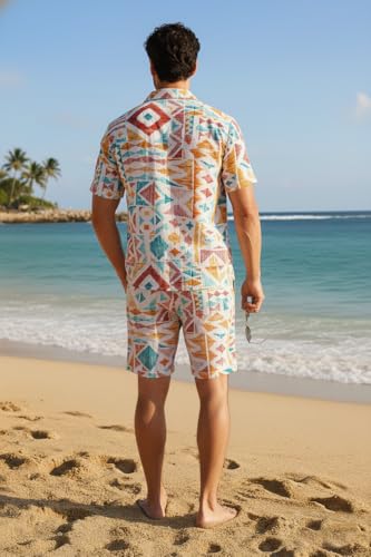 Image of Zilcon Men's Matching Set Summer Beach 2 Piece Outfits Floral and Palms Button Down Shirts and Shorts Goa Vacation Outfits