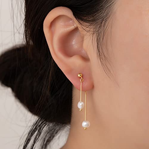 Daily Vibes 14K Gold Freshwater Pearl Drop Earrings Dangle Dainty Long White Cultured Baroque Pearl Earrings For Women Statement Stud Ball Chain Tassel Jewelry For Bridal Wedding #TOP3