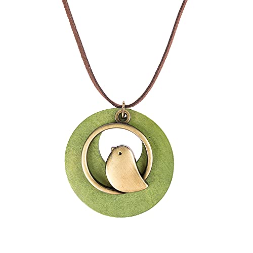 Boho Vintage Handmade Wood Pendant With Cute Charms Long Army Green Leather Necklace Sweater Chain for Women Long Necklace All-Match Style Gift Fashion