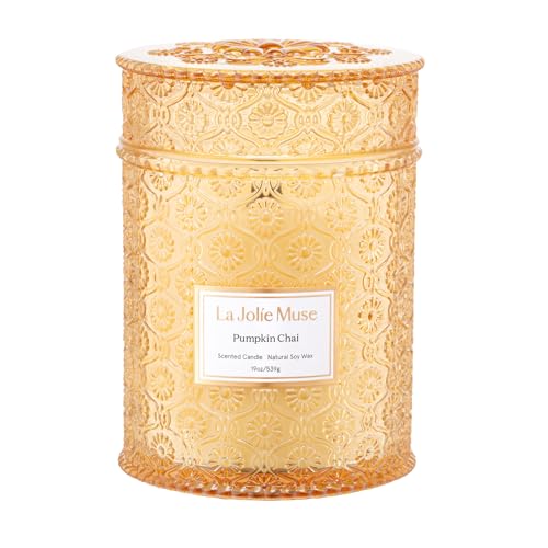 LA JOLIE MUSE Pumpkin Candle, Fall Candles for Home Scented, 19 oz Large Wood Wicked Candles, Natural Soy Candle Gifts for Men&Women, 90 Hours Long Burning, Pumpkin Chai
