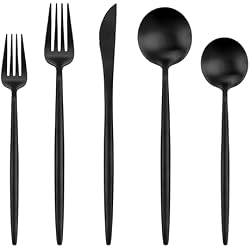 Black Silverware Set for 12,Ollex 60-Piece Modern Black Flatware Set with Food-Grade Stainless Stain Knives Forks Spoons Matte Utensil Set Satin Finish tableware Cutlery Set,Dishwasher Safe