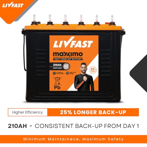 Image of Livfast Maxximo Tall Tubular High-Performance Battery MXTT 2460N | 210 Ah | 60 Months Warranty | High Capacity, Long Lasting Power Backup for Heavy Appliances