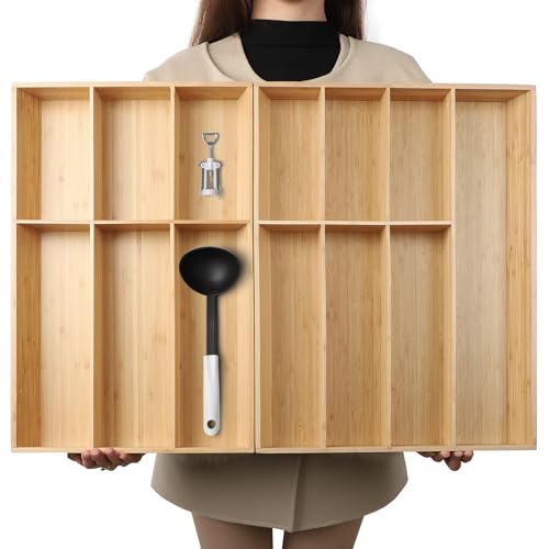 V-Shaped Extra Large Bamboo Drawer Organizer Set of 2, Kitchen Cutlery Tray Utensil Plate, Flatware&Silverware Storage Box, Wood Organizer for Bedroom, Living Room (19.6"x14.6" & 19.6"x12.4")