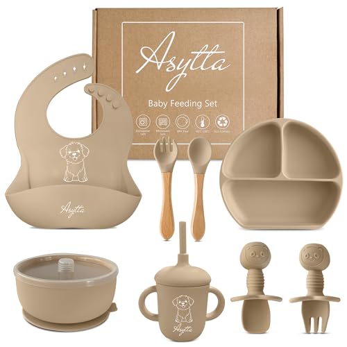 Image of ASYTTA Silicone Baby Feeding Set – 6 Piece BPA-Free Baby Led Weaning Supplies – Toddler Eating Essentials with Baby Bib, Suction Plate, Suction Bowl, Sippy Cup, Forks, & Utensils | 6+ Months (Beige)