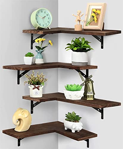 Sehertiwy Corner Floating Shelves Wall Mounted Set Of 4, Rustic Wood Wall Storage Shelves For Bedroom, Living Room, Bathroom, Kitchen, Office And More (Rustic Brown) #TOP30