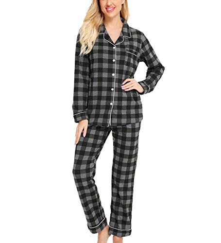 SWOMOG Pajamas Set Long Sleeve Sleepwear Womens Button Down Nightwear Soft Pj Lounge Sets XS-XXL