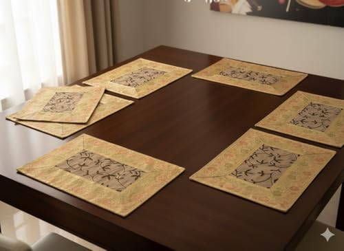 Image of Brocade Silk Placemats for Dinning Table 12 x 18 Inches Hand Embroidered, Set of 6 Decorative Placemats for Home (Beige Gold)