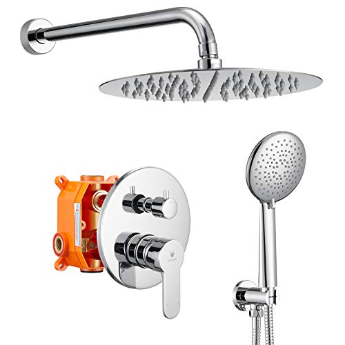 HIMK Shower System, Shower Faucet Set with Tub Spout and 10" Rain Shower Head Wall Mounted Shower Set (Contain Shower Faucet Rough-In Valve),Chrome
