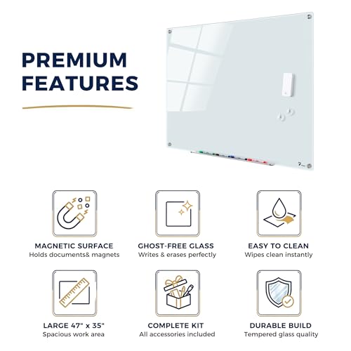 TOWON Large Magnetic Glass Dry Erase Whiteboard 47" x 35" - Frameless White Glass Board, Wall-Mounted & Stain-Resistant Surface for Office, Home & Classroom - Includes 4 Markers, Eraser, Magnets - Image 3