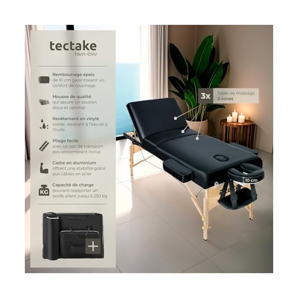 Table de Massage Pliante Professionnelle 3 Zones Épaisseur de 10 cm Massage et Relaxation Bois Table Esthetique Professionnel Lit de Massage Portable Housse de Transport - Noir
