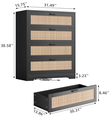 GarveeHome Rattan Dresser, Tall Chest of Drawers, Wood Dresser for Bedroom, Closet, Living Room, Hallway (Black, 15.8" D x 31.5" W x 38.6" H (4 Rattan Drawers))