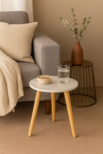 Image of Brown Art SHOPPEE Round Side Table, Small End Table for Living Room, Modern Wood Accent Table Coffee Side Table with Wood Legs for Small Space, Easy Assembly,(12Dx13H Inches) (White)