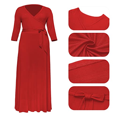 Image of Runwind Plus Size Dresses for Women Floral Maxi Dress Flowy 3 /4 Sleeve with Belt