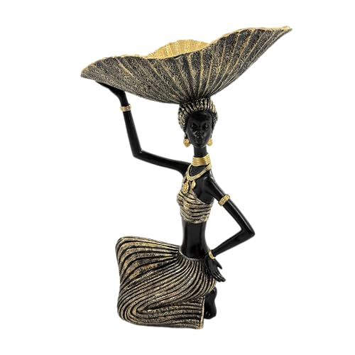Lescafita African Lady Decorative Bowl Statue Black Gold Figurine
