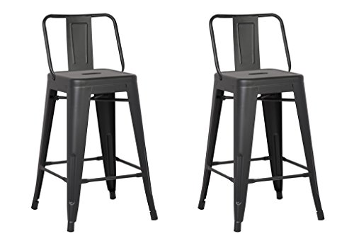 Ac Pacific Modern Industrial Metal Bar Stool, Bucket Back And 4 Leg Design Ideal For Kitchen Island Or Counter Top, Set Of 2, 24" Seat, Matte Black #TOP1