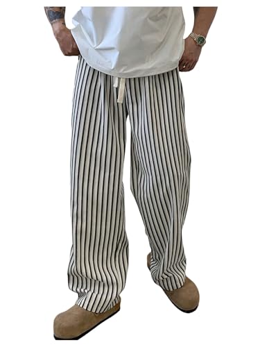 GORGLITTER Men's Striped Linen Pants Stripe Drawstring Beach Casual Trouser Vacation Pant
