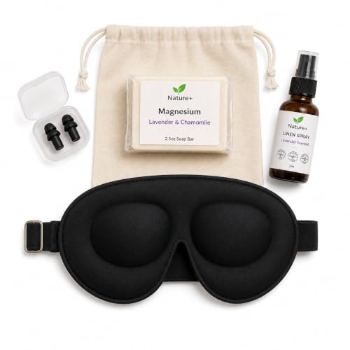 Nature+ Sleep Gift Set for Women & Men-5-Piece Sleep Essentials Kit with 3D Sleep Mask, Earplugs, Lavender Linen Spray, Magnesium Soap & Cotton Gift Bag | Wellness & Relaxation Gift