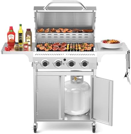 Electactic 4-Burner Propane Gas Grill with 304 Stainless Steel Cooking Grid, Hanging Hooks/Heat-Resistant Handle, 32000BTU Stainless Steel BBQ Grill with Portable Wheels for Camping/Patio/Backyard