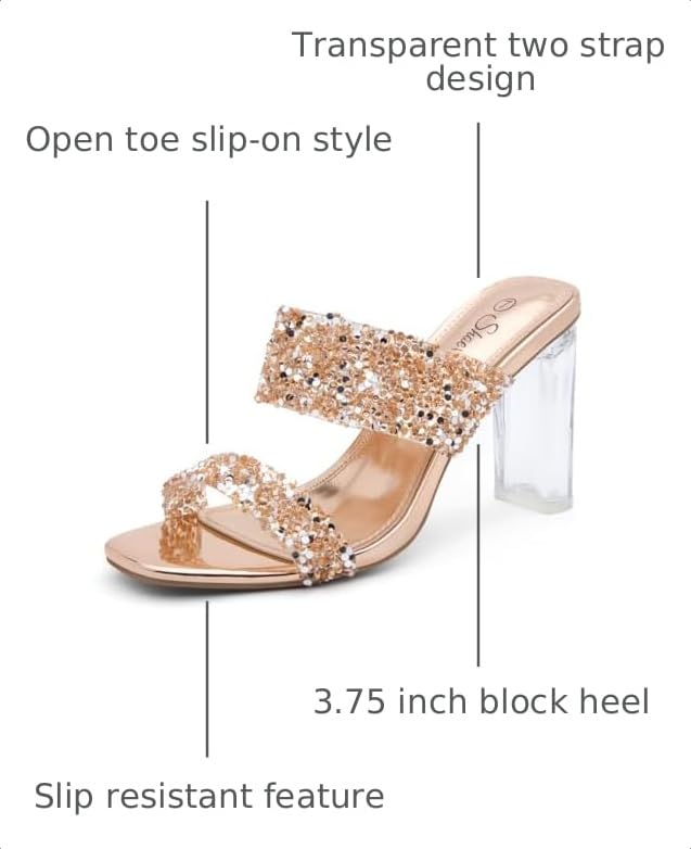Image of Shoe Land Clear Heels for Women, Transparent Two Strap Chunky Block High Heel Mules, Slip On Square Toe Dressy Sandals for Wedding, Party, Prom