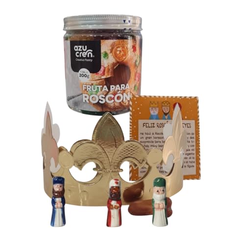 Azucren, Kit Roscon de Reyes con Fruta Confitada 200G, Figuras Roscon de Reyes, 1 Rey, Corona, Haba y Tarjeta, Perfecto para tu Roscon Casero con Fruta Escarchada para Rellenar de Crema, Nata o Trufa