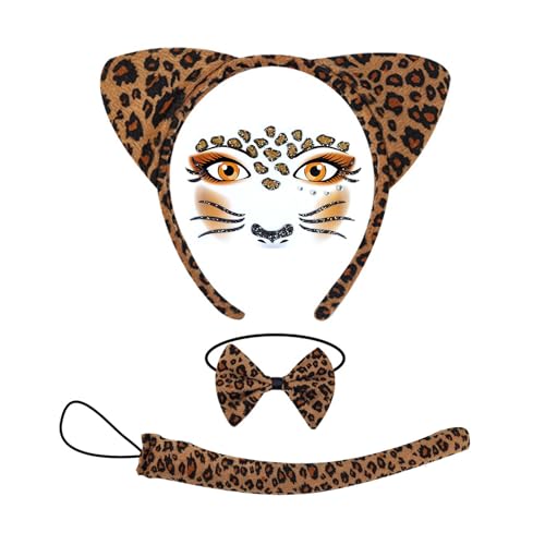 THXFUNAREA Léopard Imprimer Oreilles Set, Tatouages Visage léopard, Femmes Tatouage Visage léopard, Accessoires costume léopard Pour Carnaval, Cosplay,...