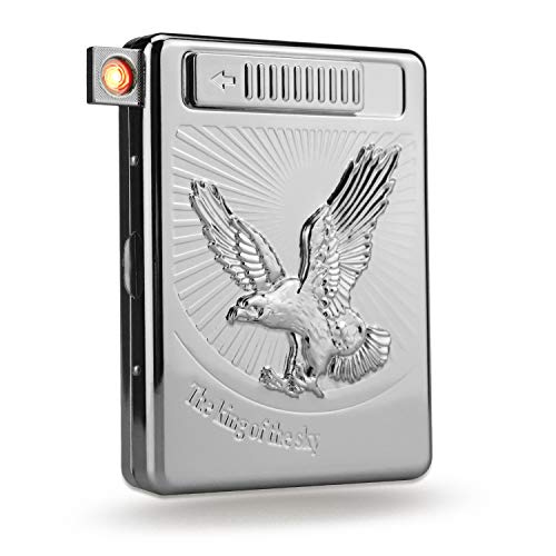 20 PCS Metal Cigarette Case Holder With 3D Eagle Arc Lighter - Rechargeable Electric Windproof Flameless USB (Silver)