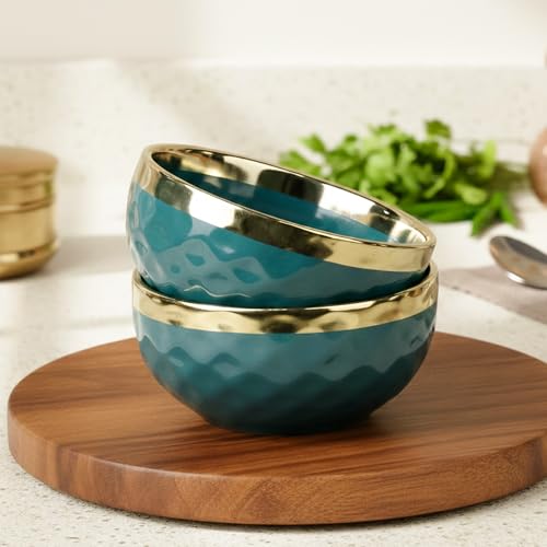 Image of The Earth Store Teal Diamond Gold Ceramic Bowl Set of 2 - 500ML Each | Ceramic Mixing Bowls for Snacks, More | Rice, Dal, Fruits, Salad | Perfect for Gifting & Daily Use