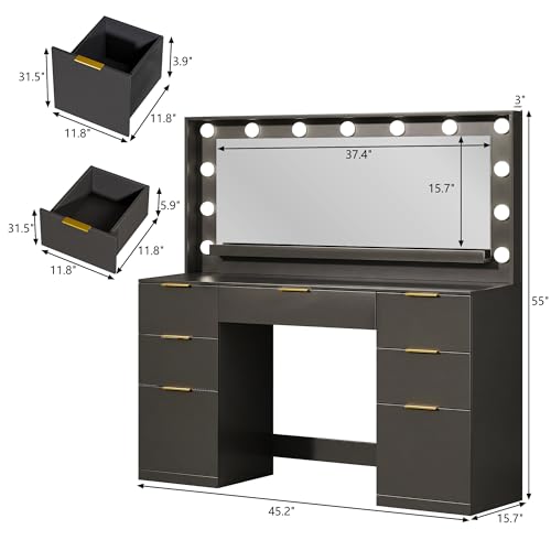 Image of HUAHUU Vanity Desk with Mirror and Lights, 45.3in Makeup Vanity with 7 Drawers & Large Mirror, with 3-Color Adjustable Lighting & Power Outlet, Black Vanity Desk for Bedroom