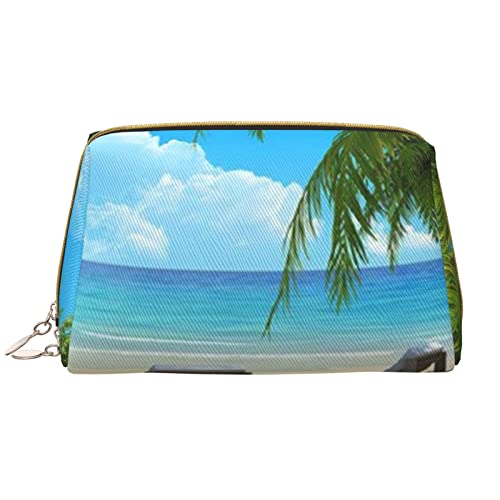 OCELIO Bolsa de maquillaje hawaiana con palmeras de gran capacidad, bolsa de cosméticos de viaje de piel sintética, bolsa organizadora de maquillaje para mujer, Blanco, Talla única