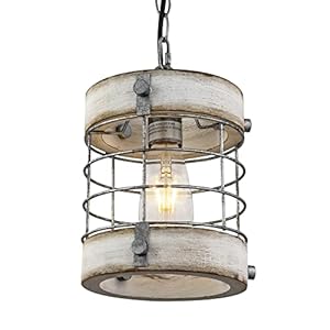 Retro Industrial Metal and Wood Chandelier 1 Light Round Cage Pendant Light Fixture for Kitchen Island Foyer Hallway Bar Dining Room Restaurant D 79 x H 87 White
