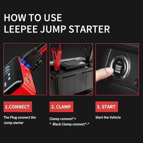 LEEPEE T47 Portable Car Jump Starter, 12V 2500A Peak Power Bank for Up to 7L Gas & 5.5L Diesel, Flashlight with 3 Modes, Large LCD Display Car Battery Jump Starter with Jumper Cable - Thumbnail 4