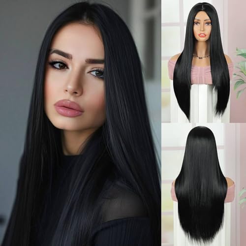 QUEENTAS Long Straight Black Wigs for Women, 24 Inch Synthetic Wigs for Everyday Use, Looking Natural Black Long Hair Wigs