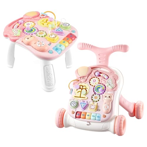 HOMCENT Trotteur Bébé, Pousse Bebe Fille 2 en 1, Marcheur de Vitesse Réglable pour Bébé, Tableau d'Éveil Détachable Jouet(Rose)