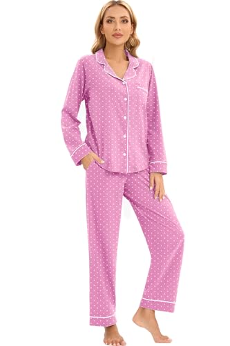 Image of LUBOT 100% Cotton Pajamas for Women Pajama Set Soft 2 Piece Sleepwear PJ Set Long Sleeve Knit Button Cozy Loungewear XS-XXL