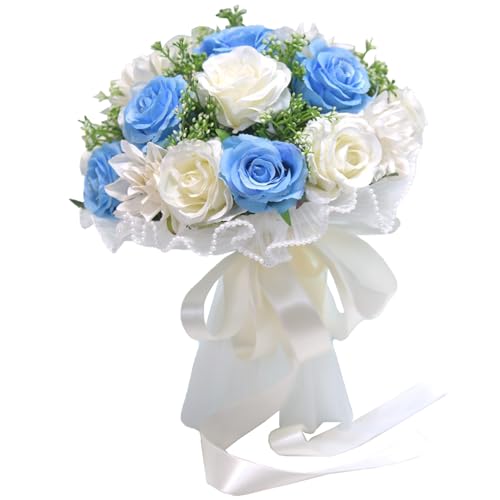 Liuyoyo Wedding Bouquets for Bride, Artificial Roses Flowers for Wedding, Handmade Romantic Wedding Bouquets, Rose Artificial Flowers Bouquet for Wedding Ceremony Anniversary(White Blue)