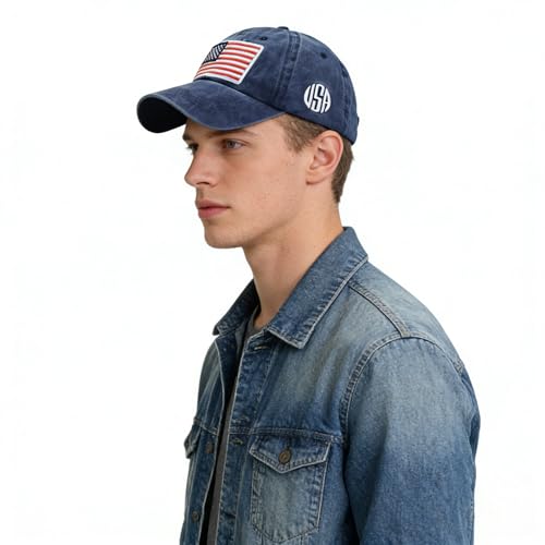 Image of American-Flag-Embroidery-Baseball-Cap for Men Women Low Profile Adjustable Dad Hat Washed Vintage Patriotic Hat
