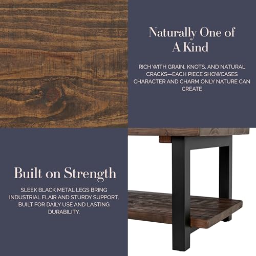 Image of Alaterre Furniture Pomona Rustic Coffee Table with Storage Shelf - 42-Inch Industrial Modern Metal and Solid Wood Living Room Table - Easy Assembly Farmhouse Living Room Furniture (Rustic Natural) | Rectangular Center Table with Storage Shelf and Metal Legs, Rustic Industrial Farmhouse Living Room Furniture